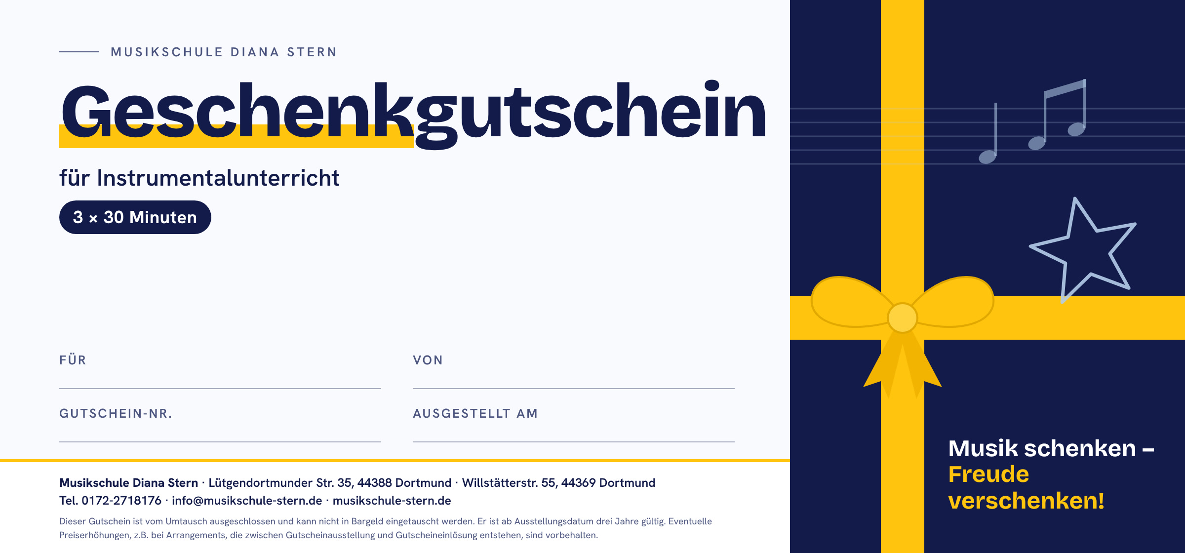Gutschein für Instrumentalunterricht, 3 × 30 Minuten