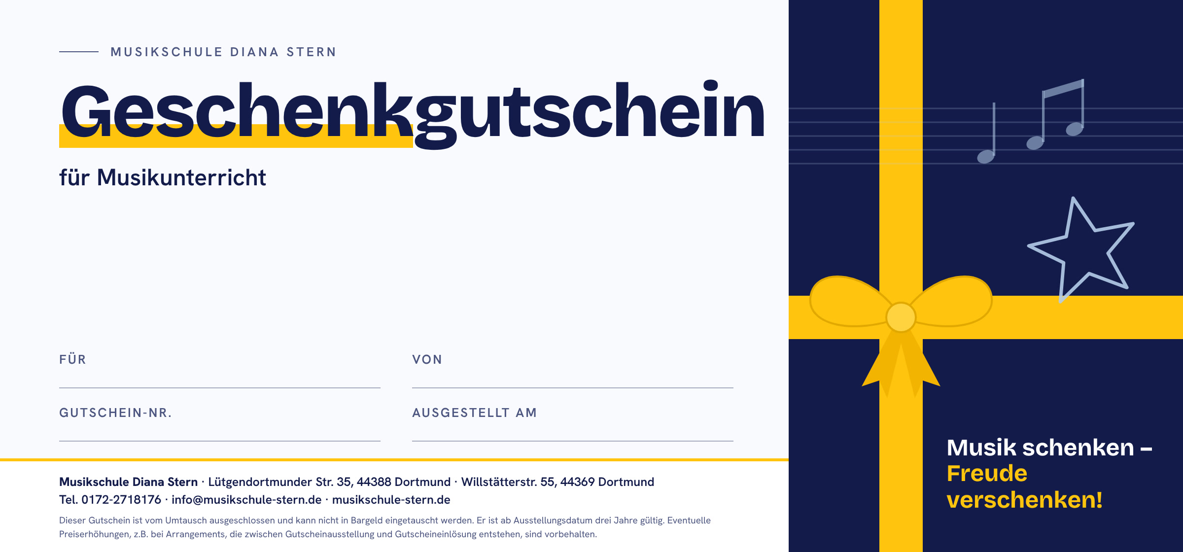 Geschenkgutschein für Musikunterricht der Musikschule Diana Stern